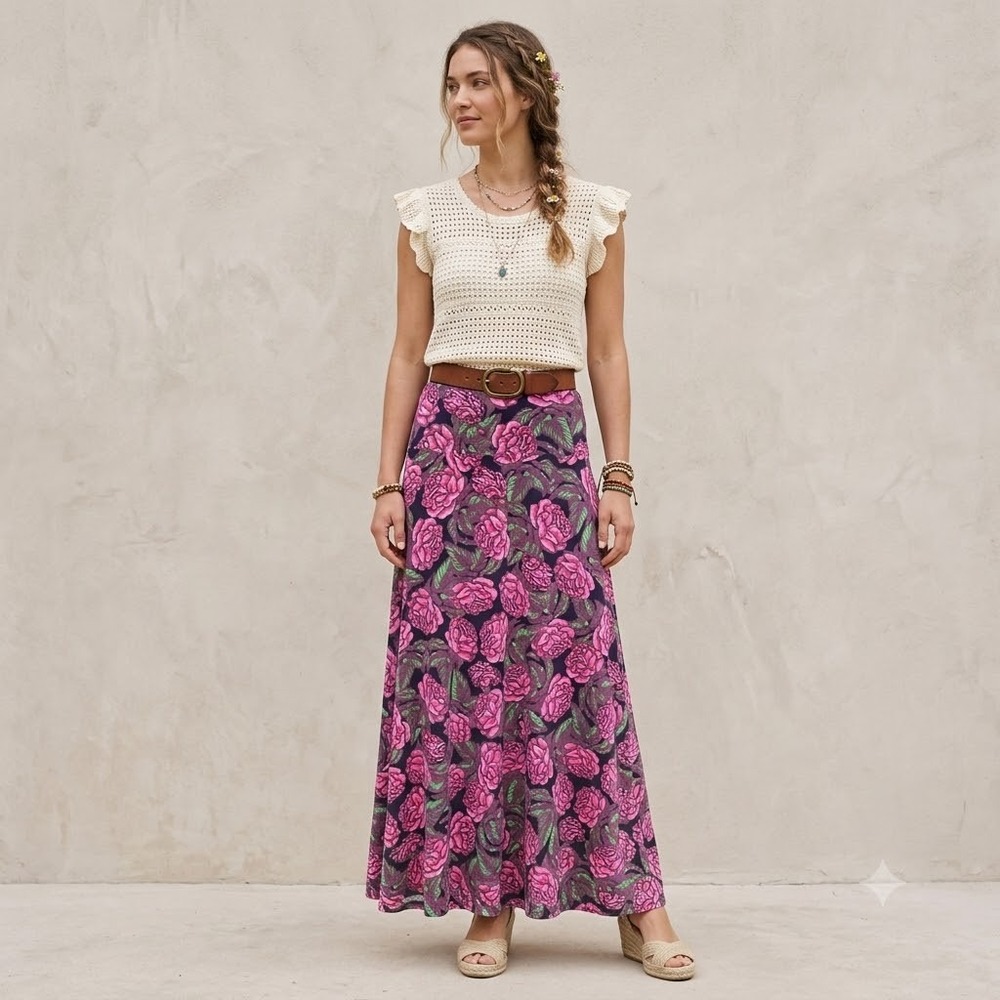 LuLaRoe Maxi Skirt Women Pink Green Floral Rose Print Jersey Knit Small NWOT